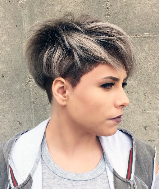 Edgy Pixie Cut Medium Brown And Blonde Highlight Shaved Wedge Back