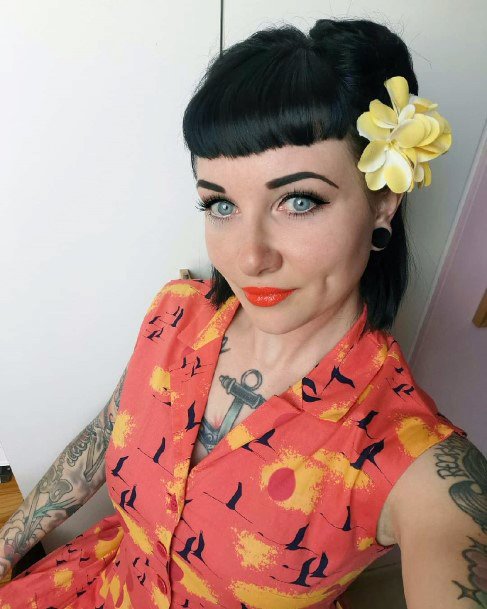 Edgy Vintage Blunt Black Bangs Yellow Flower Womens Hairstyle