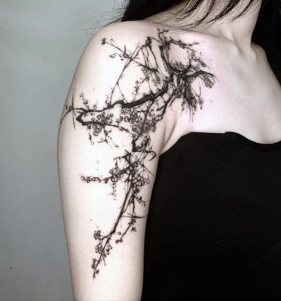 Eerie Cherry Blossom Black Branches Tattoo For Women