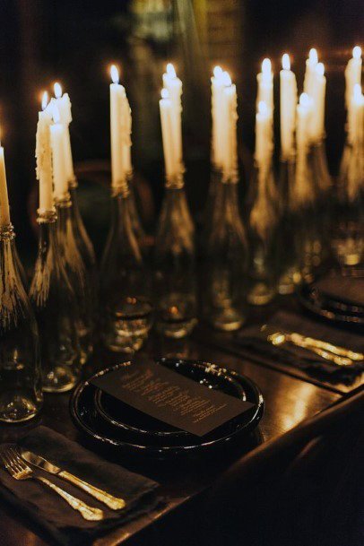 Eerie Cool Halloween Wedding White Candles Pitch Black Plate Ideas For Brides