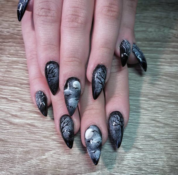 Eerie Night Scenes On Black Nails For Women