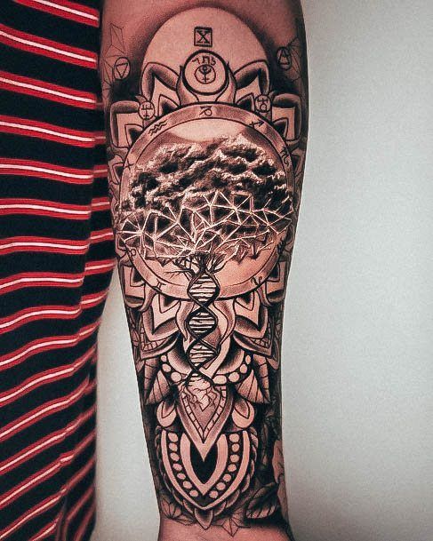 Elaborate Mandala Buddhist Forearm Sleeve Woman With Dna Tattoo