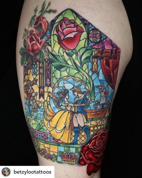 Elaborate Stained Glass Scene Arm Aesthetic Beauty And The Beast Tattoo On Woman