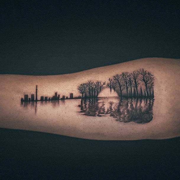 Elaborate Styles For Womens Guitar Tattoo Pond Trees Reflection Forearm