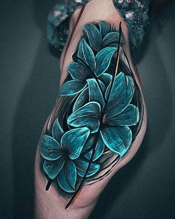 Elaborate Styles For Womens Hip Tattoo 3d Blue Flowers