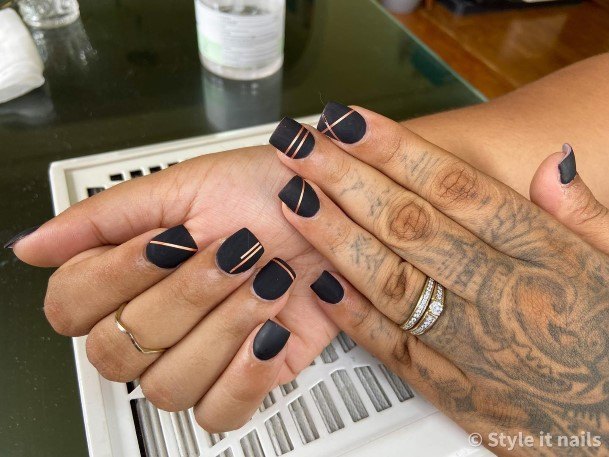 Elaborate Styles For Womens Matte Black And Gold Nail