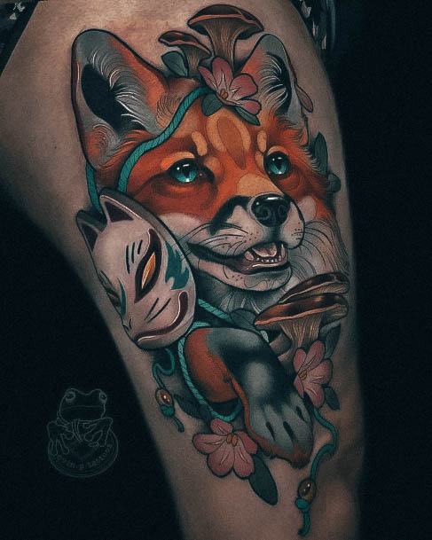 Elaborate Styles For Womens Neo Traditional Tattoo Fox Thigh