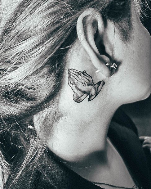 Elaborate Styles For Womens Praying Hands Tattoo Behind The Ear