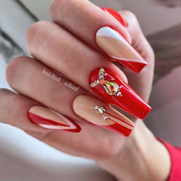 Elaborate Styles For Womens Red With Diamond Rhinestones Nail