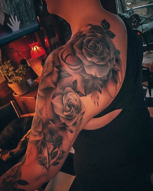 Elaborate Styles For Womens Rose Shoulder Tattoo