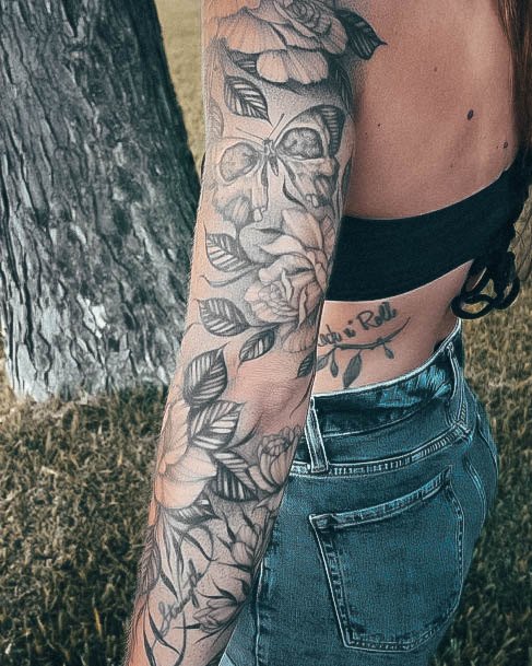 Elaborate Styles For Womens Rose Sleeve Tattoo