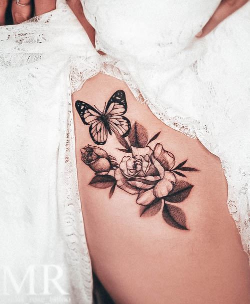 Elaborate Styles For Womens Rose Thigh Tattoo