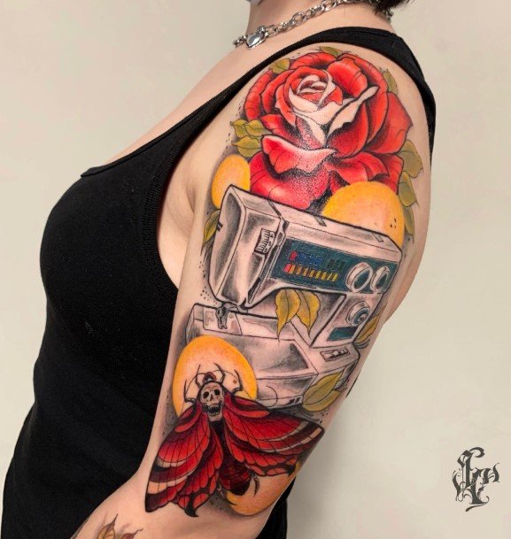 Elaborate Styles For Womens Sewing Machine Tattoo