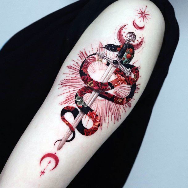 Elaborate Styles For Womens Sword Tattoo