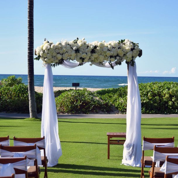 Elegant Beachy White Drapery With White Roses Wedding Arch Ideas