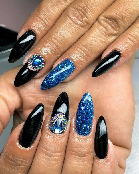 Elegant Beautiful Sleek Glitter Blue And Black Diamond Nail Design For Women