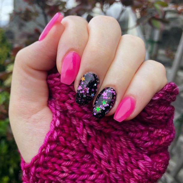 Elegant Black And Hot Pink Nails