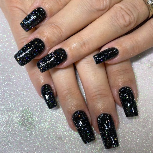 Elegant Black Sparkly Girly Nails Squared Tips For Women