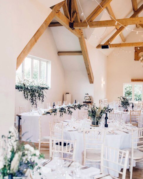 Elegant Bright White Wedding Reception Beautiful Greenery Barn Wedding Inspiration