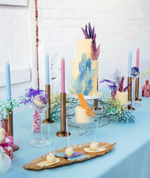 Elegant Colorful Feather Desert Table Pastel Rustic Purple Blue Pink Inspiration Wedding Ideas