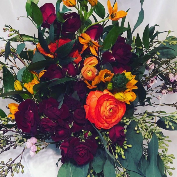 Elegant Dark Burgundy With Pops Of Orange And Green Bouquet Fall Wedding Ideas