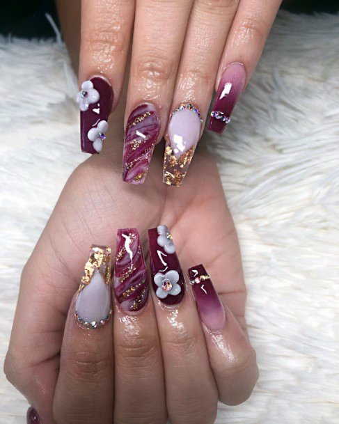 Elegant Floral Design Gorgeous Maroon And Lovely Gold Nail Ideas For Women