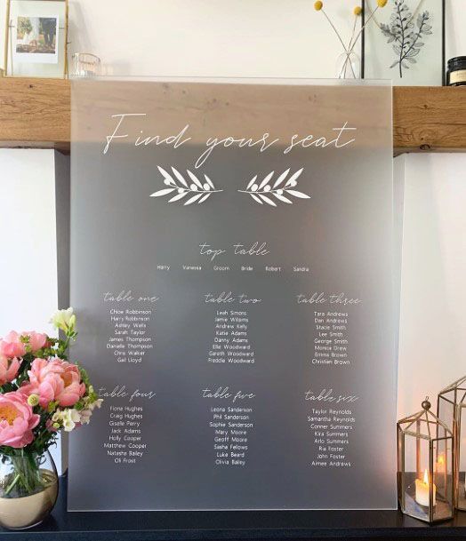 Elegant Frosted Seating Arrangement Board Wedding Decor