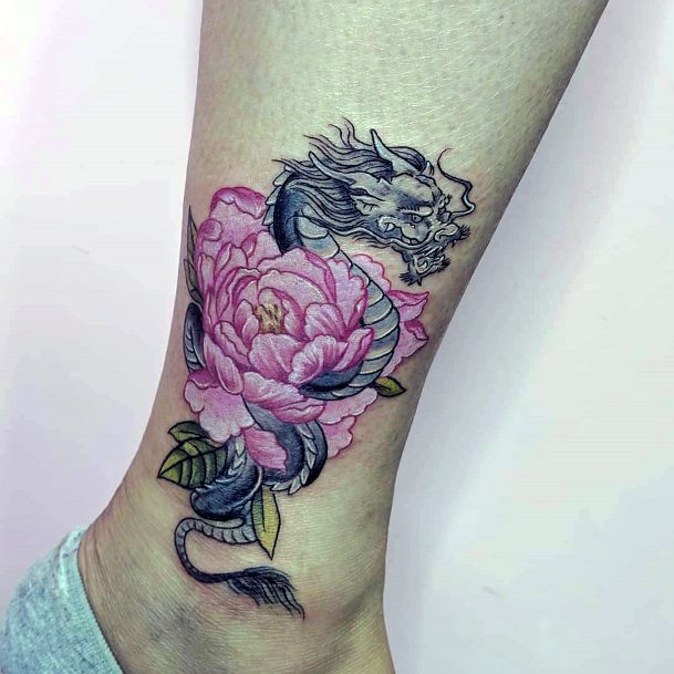 Elegant Pink Florals And Dragon Tattoo Womens Ankles