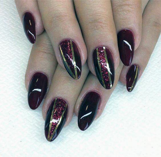 Elegant Sleek Shiny Maroon And Sparkly Gold Nail Design Inspiration For Ladies