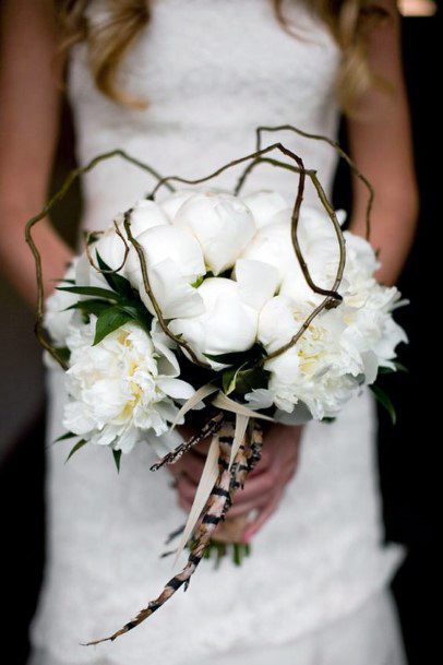 Elegant White Rose Bouquet With Wood And Feather Elements Rustic Wedding Ideas