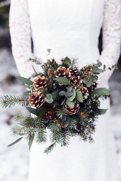 Elegant Winter Bouquet Forest Greenery Pinecone Wedding Bride Ideas