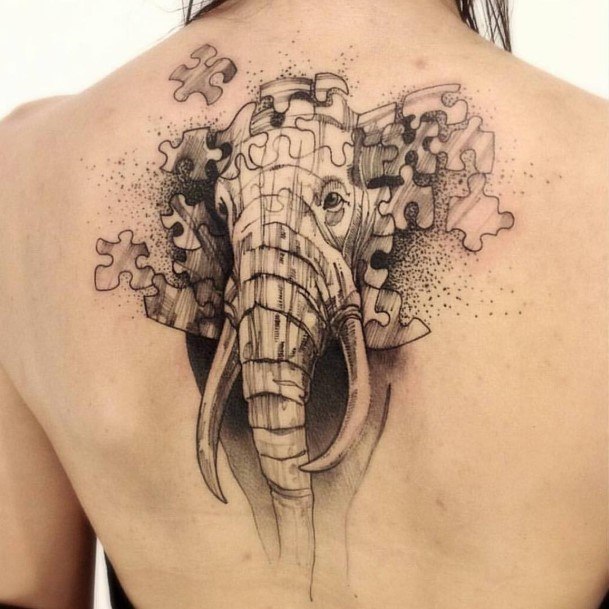 Elephant Tattoo With Jigsaw Womens Back