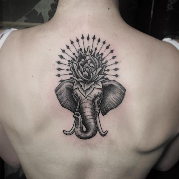 Elephant With Rose Tattoo Womens Back