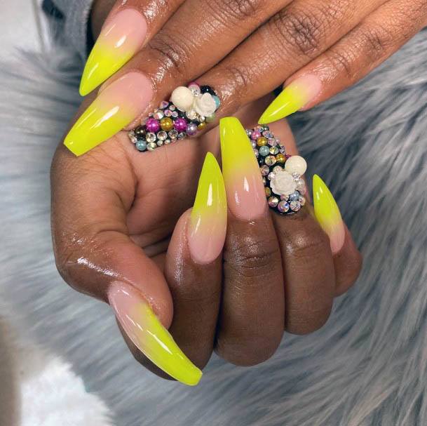 Embossed Crystals On Neon Yellow Nails Women