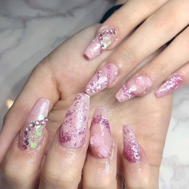 Embossed Light Pink Roses And Glitters Nail