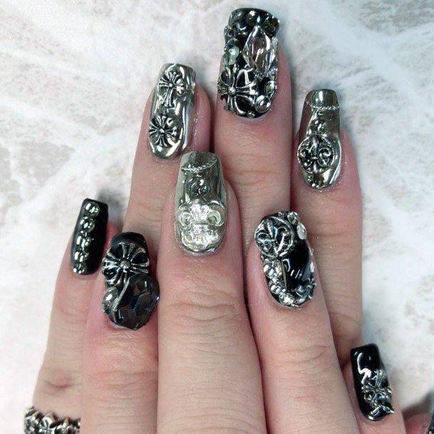 Embossed Metallic Silver And Black Square Nails