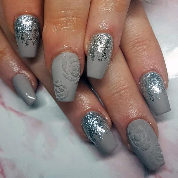 Embossed Rose Art Matte Grey Nails Women