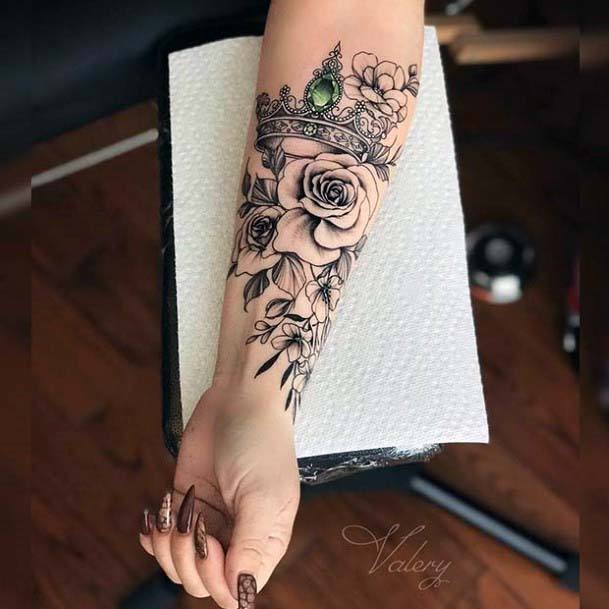 Emerald On Crown Tattoo With Roses Womens Hands