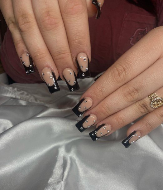 Enchanting Black With Rhinestones Nail Ideas For Women