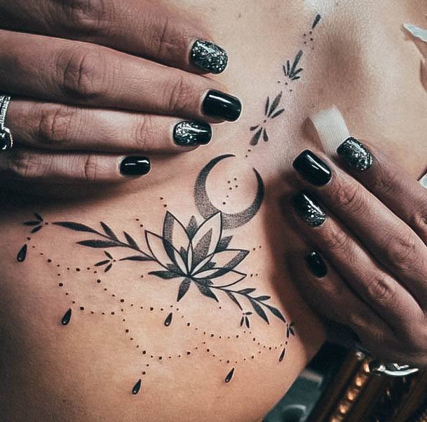 Enchanting Boob Tattoo Ideas For Women Moon Flower