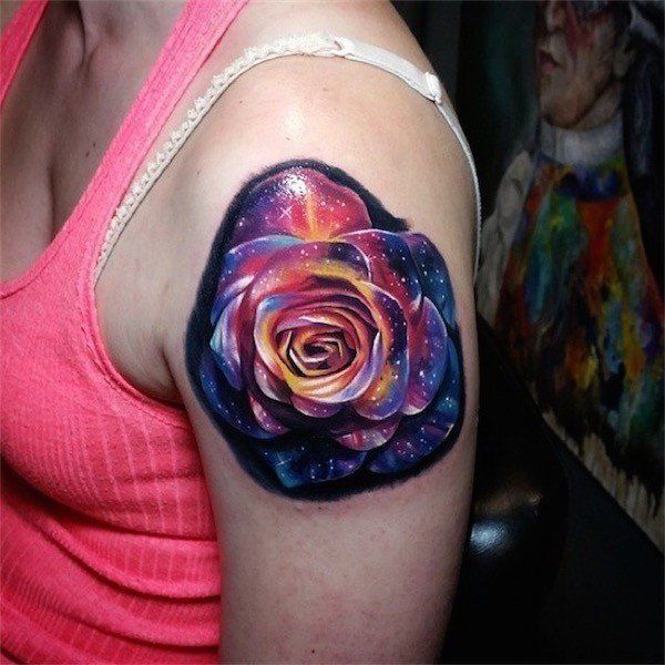 Enchanting Galaxy Tattoo Ideas For Women Rose Flower Arm