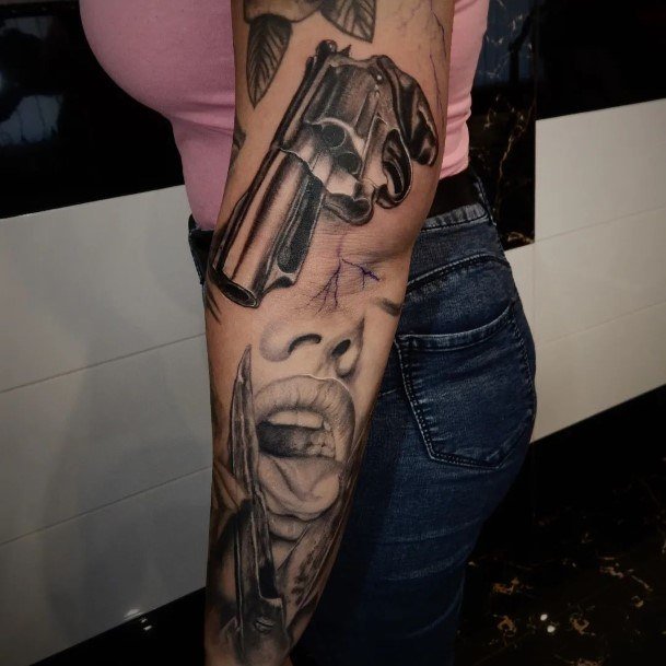 Enchanting Gun Tattoo Ideas For Women Outer Arm 3d