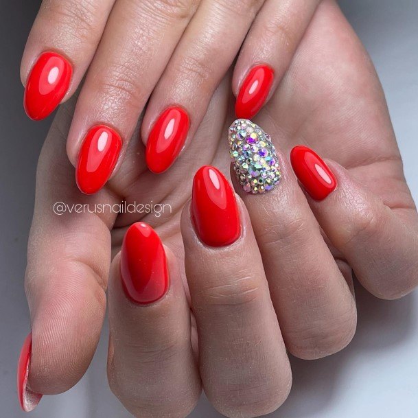 Enchanting Red With Diamond Rhinestones Nail Ideas For Women