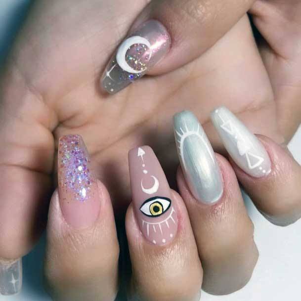 Enchanting Sparkling Moon Art On Transparent Nails Women