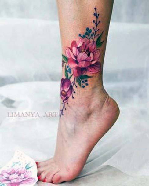 English Flowers Tattoo Womens Ankle