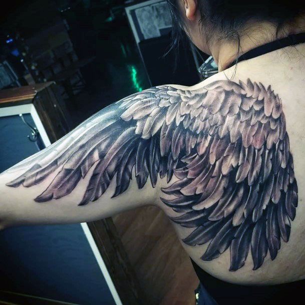 Enormous Angel Wing Tattoo Womens Shoulders