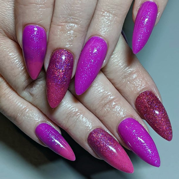 Enticing Stiletto Long Pink And Purple Glitter Glossy Nail Inspiration For Women