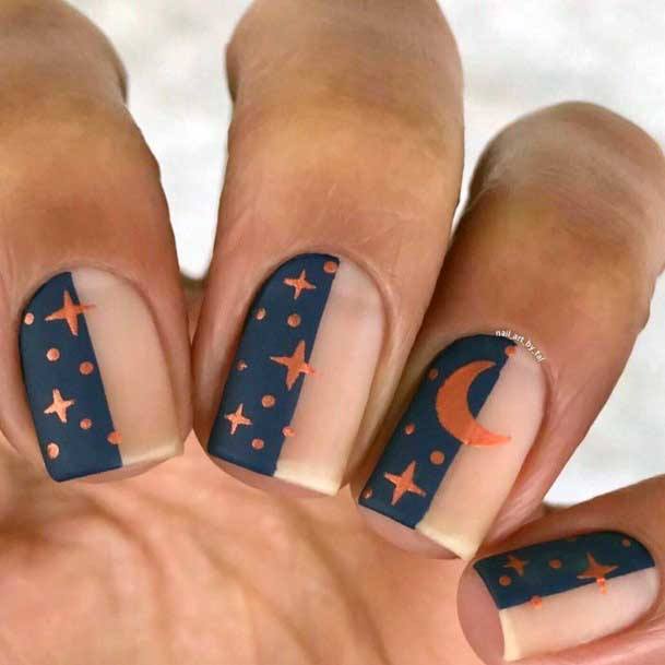 Ethereal Orange Moon Design On Nails Women