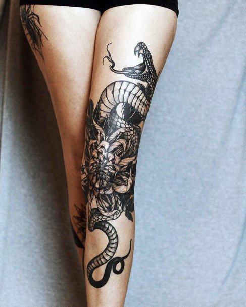 Evil Snake And Florals Tattoo Womens Leg