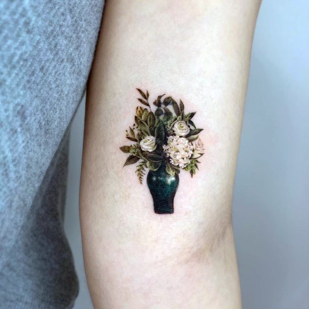 Excellent Girls Flower Vase Tattoo Design Ideas